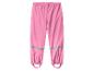 Roze regenbroek voor kinderen met reflecterende details en elastische enkelbandjes.