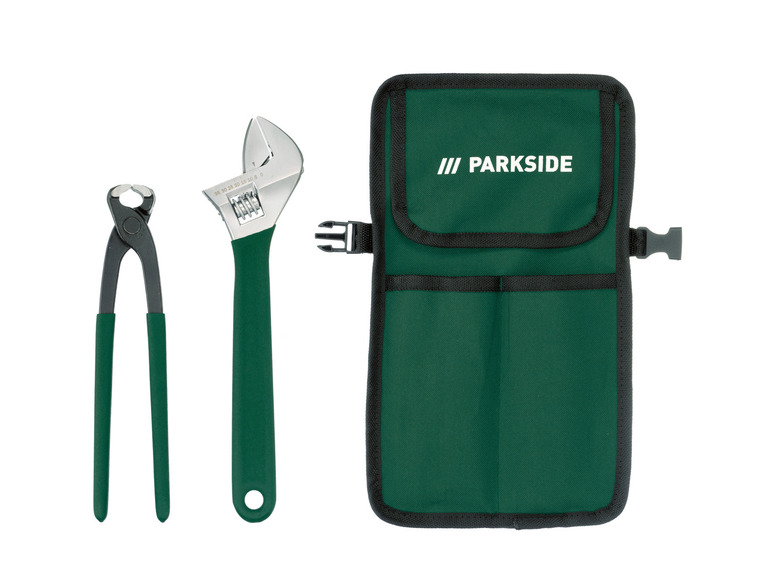Een Parkside gereedschapstas met een verstelbare sleutel en een tang.