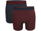 Twee herenboxershorts: één donkerblauw met bordeauxrode tailleband, één bordeauxrood met donkerblauwe tailleband.
