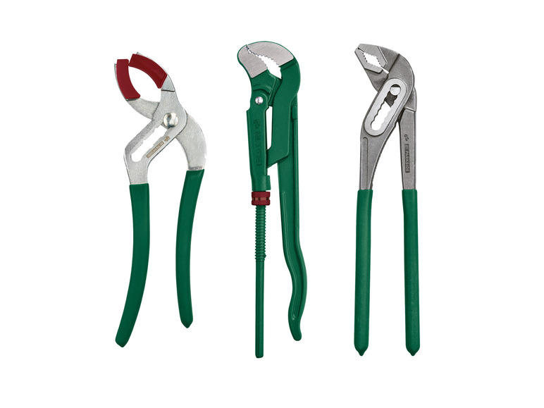 Drie groene Parkside tangen, waaronder een waterpomptang.