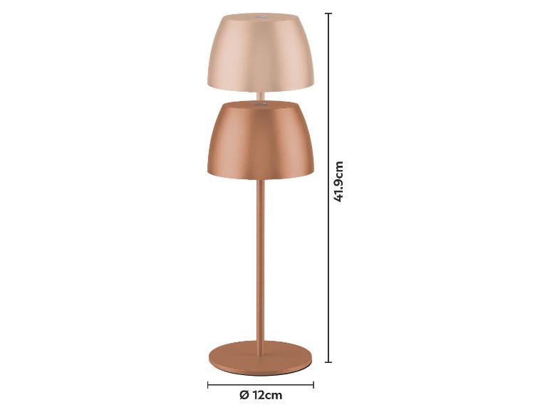 Koperkleurige tafellamp met een hoogte van 41,9 cm en een basisdiameter van 12 cm.