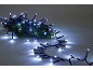Koudwitte LED-kerstverlichting op een groene dennentak.