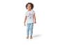 Kinder pyjama Frozen: wit shirt, lichtblauwe broek met bloemenprint.
