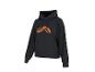 Zwarte hoodie met een abstract oranje patroon op de borst.