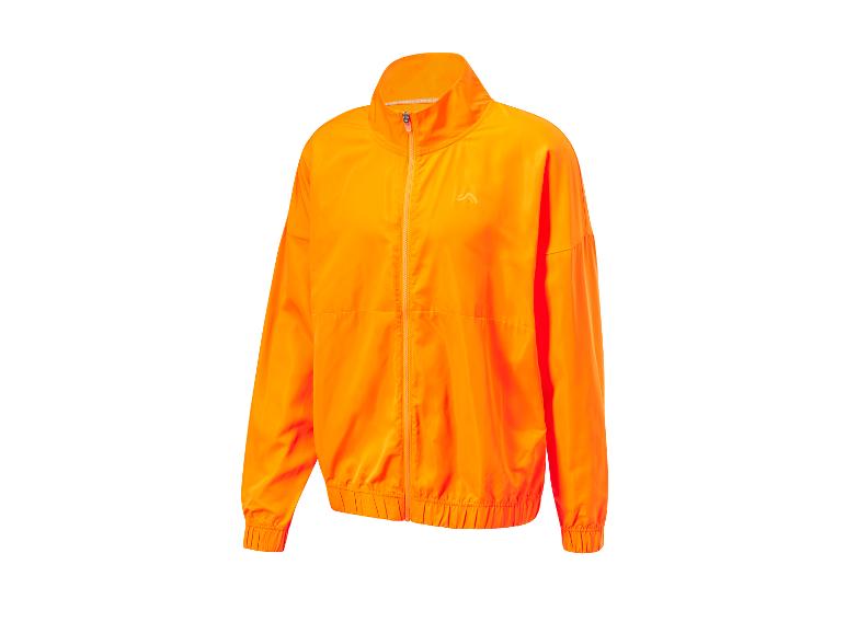 Oranje windjack met rits, sportieve stijl.
