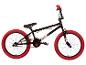 Zwarte BMX-fiets met rode banden en accenten, met Rude en Detox-branding.