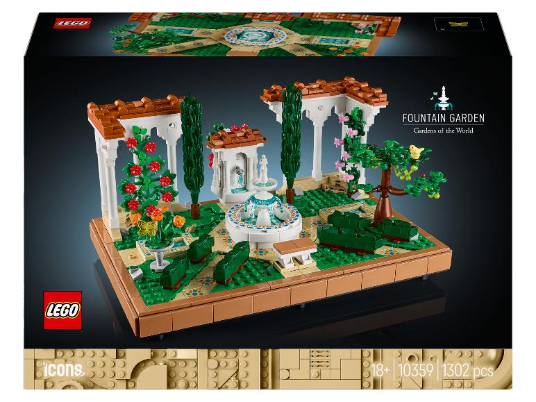 LEGO Icons Fountain Garden setdoos, toont de geassembleerde tuin met een fontein en planten.