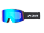 Skibril met meerkleurige spiegelende lens en zwarte band met logo.