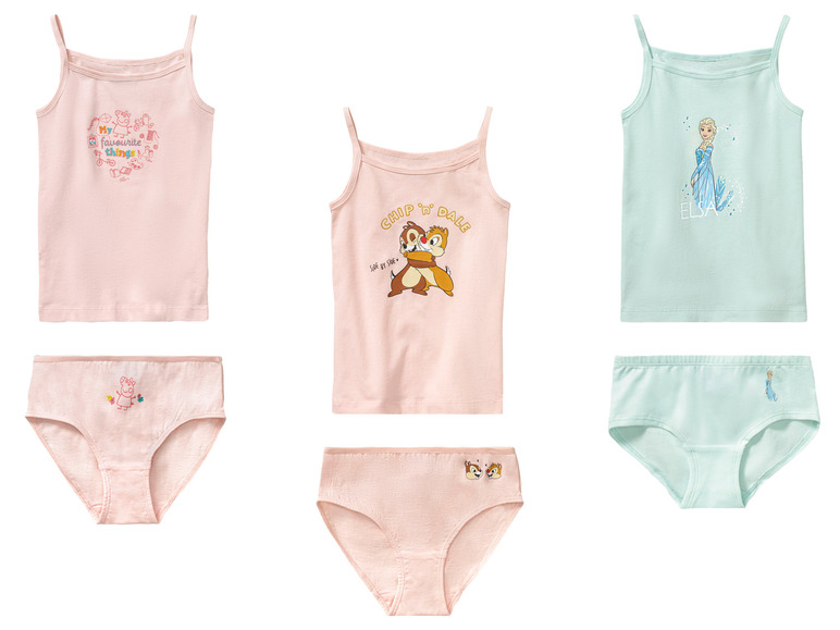 Drie sets ondergoed voor meisjes met Disney-thema: Chip 'n Dale, Elsa en Peppa Pig.