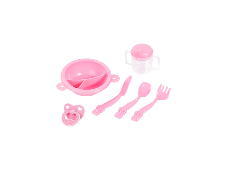 Roze poppenservies met kom, beker, bestek en speen.