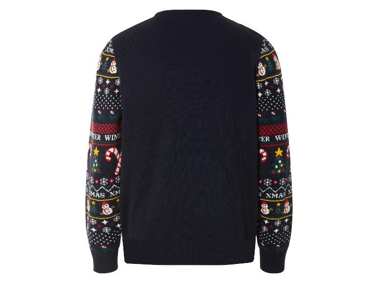 Een donkerblauwe kersttrui met sneeuwmannen en kerstboommotieven.