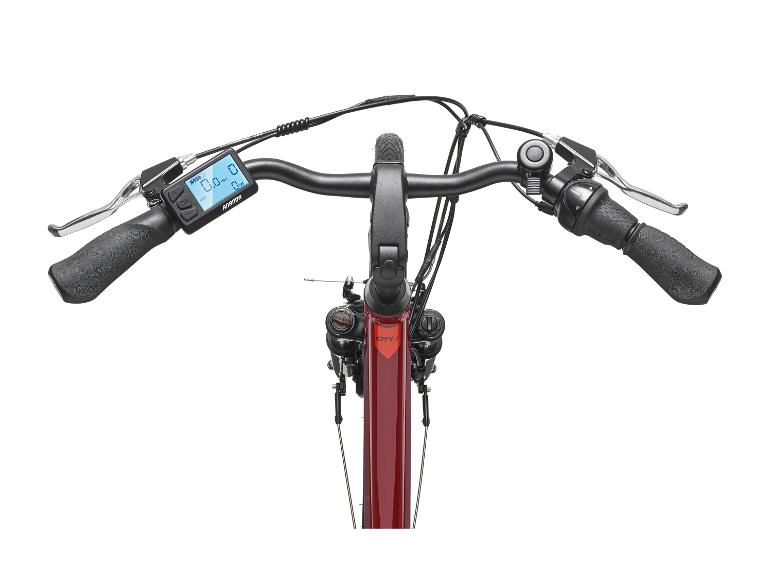 Bovenaanzicht van het stuur van een e-bike met digitaal display, remhendels en versnellingshendel.