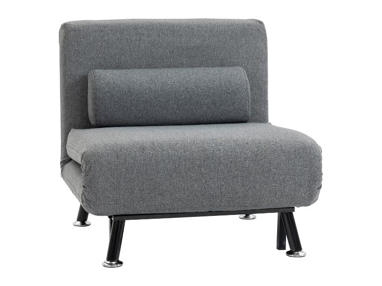 Grijze armloze fauteuil met lendenkussen, op zwarte metalen poten.