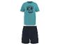 Petrolkleurig T-shirt met palmbomenprint en donkerblauwe shorts.