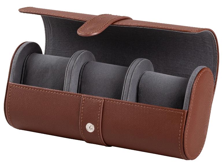 Bruine leren horlogedoos met drie grijze kussens