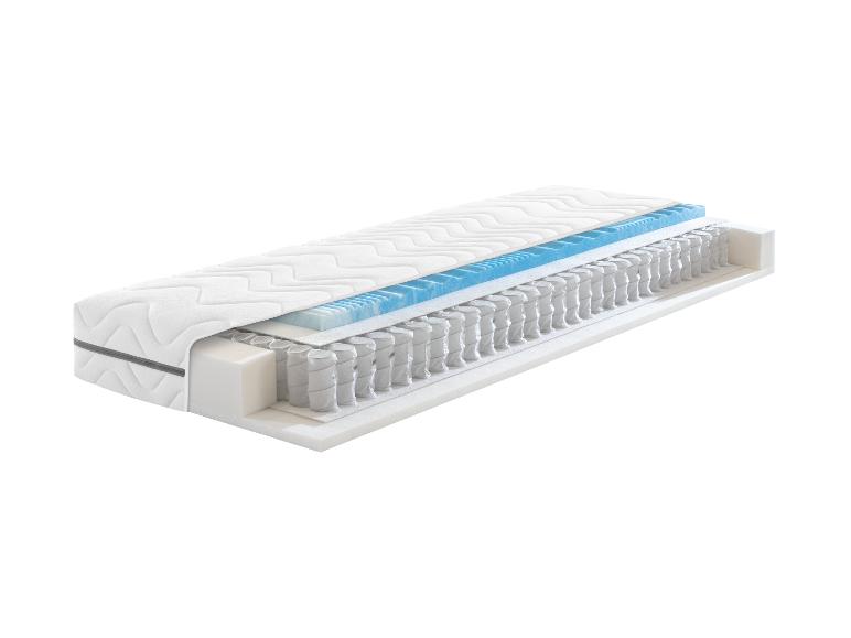 Een doorsnede van een matras met pocketveren, schuim en een toplaag.