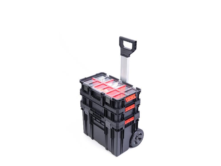 Zwarte modulaire gereedschapskist met wielen en uitschuifbaar handvat.
