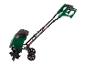 Groene elektrische cultivator met zwarte handvatten en wielen.
