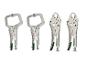 Vier griptangen, twee C-klemmen en twee met gebogen bek, op een witte achtergrond.