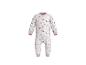 Witte baby romper met roze en blauwe bloemen- en muizenkopmotieven.