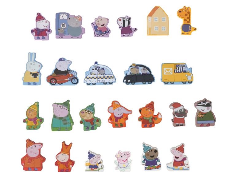 Peppa Pig houten figuren met personages en voertuigen.