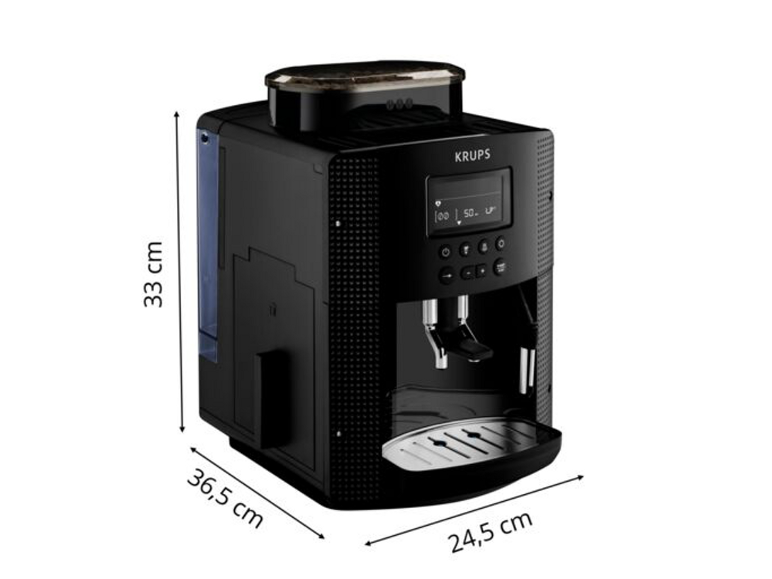 Zwart automatisch koffiezetapparaat met afmetingen van 33 cm (hoogte), 36,5 cm (diepte) en 24,5 cm (breedte).