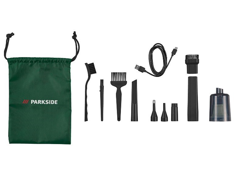 Reinigingsaccessoireset met borstels, mondstukken en USB-oplaadkabel, in een groene tas.