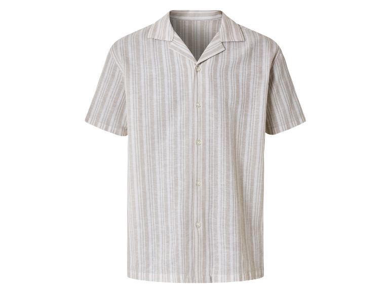 Beige overhemd met verticale strepen, korte mouwen.