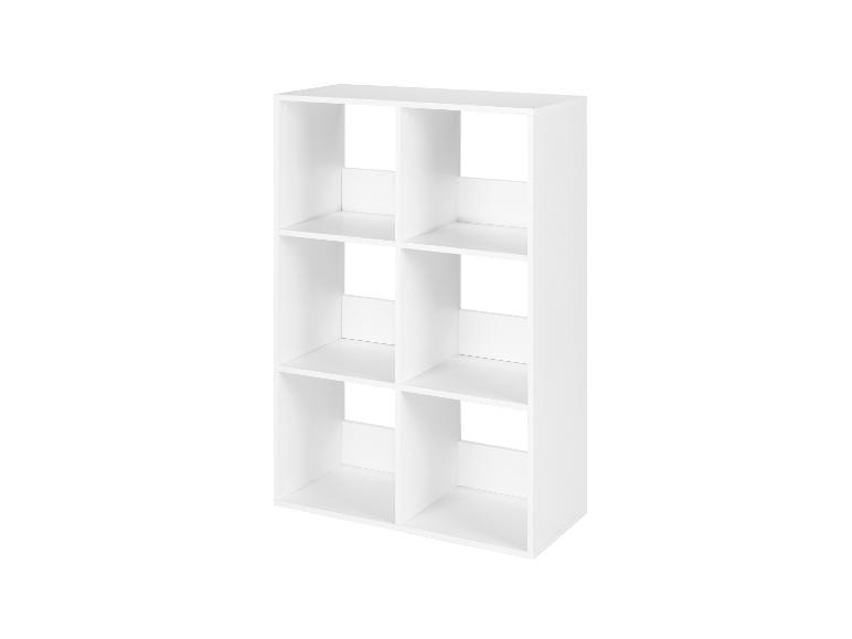 Witte opbergkast met zes vakken, ideaal voor het organiseren van boeken en spullen.