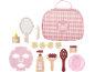 Roze spa- en schoonheidsspeelset met tas, spiegel, gezichtsmasker en diverse houten accessoires.