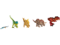 Een verzameling dinosaurusspeelgoed, waaronder een pterosauriër, velociraptor, stegosaurus, triceratops en T-Rex.