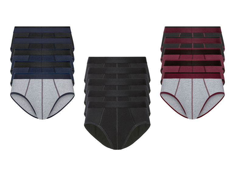 Een set van drie pakjes ondergoed, met zwarte, donkerblauwe en bordeauxrode onderbroeken.