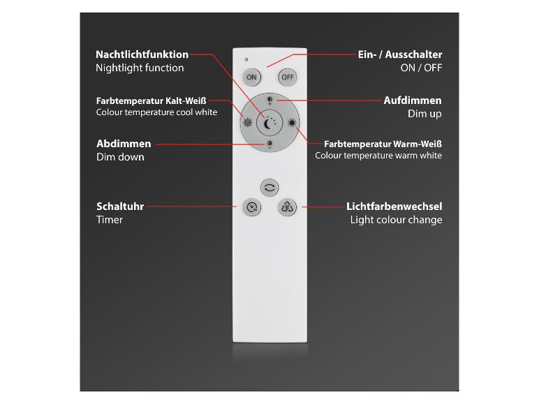 Witte afstandsbediening met gelabelde knoppen voor lichtfuncties, inclusief aan/uit, kleurtemperatuur en timer.
