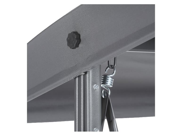 Detail van een grijze tuinschommel met een zwarte verstelknop en een ophangveer.