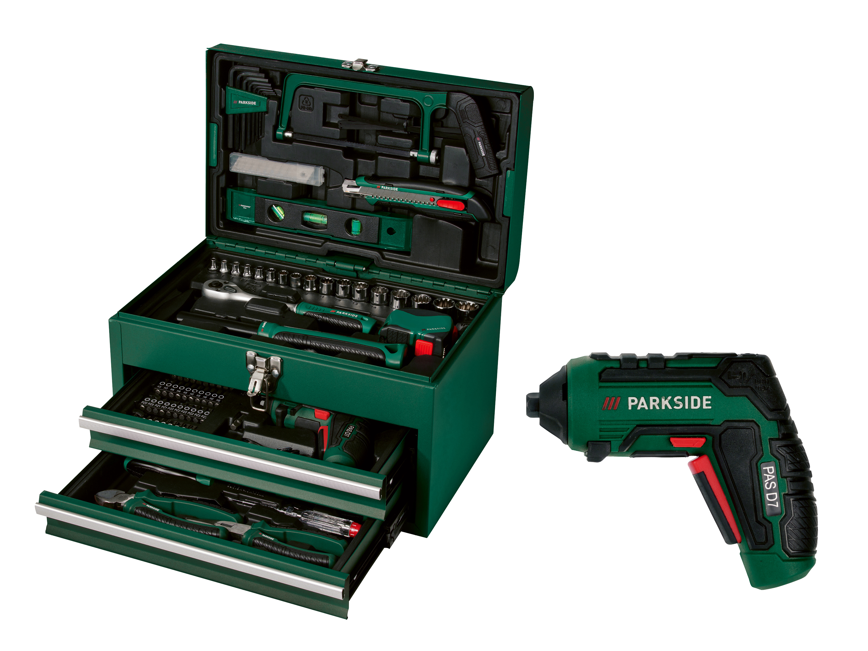 Parkside gereedschapskoffer 92-delig met 4V accuschroevendraaier