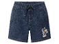 Donkerblauwe denim shorts met elastische tailleband en puppy-opdruk.