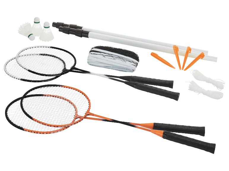 Badmintonset: rackets, net, shuttles.
