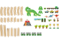 Houten treinrails en dinosaurus speelgoed, inclusief treinen, figuren en landschapselementen.