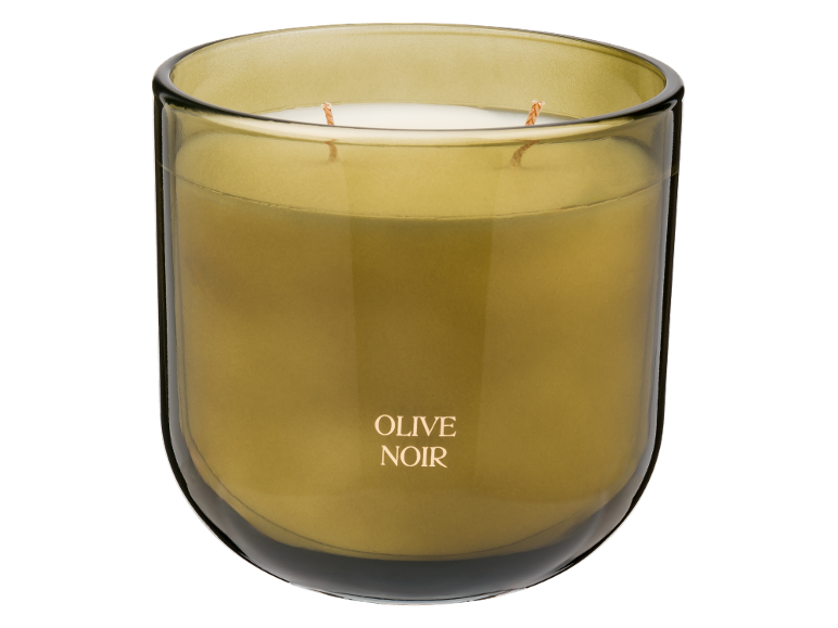 Olive Noir geurkaars in een donkergroene glazen pot met twee lonten.