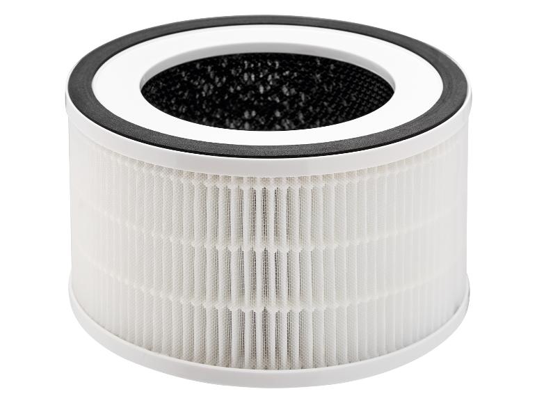 Een wit luchtzuiveringsfilter met een zwarte rand.