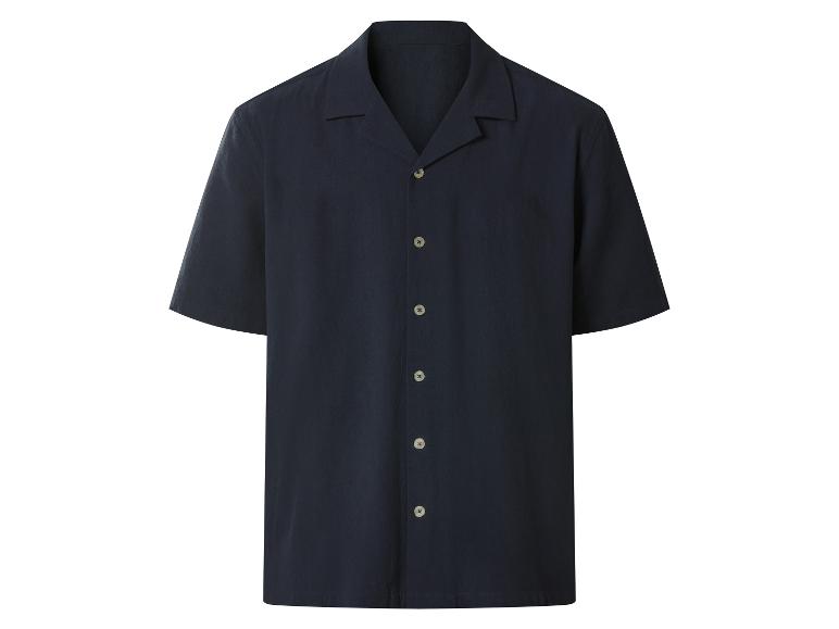 Donkerblauw overhemd met korte mouwen, kraag en knopen