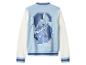 Blauwe en witte bomberjack met een blauw stripfiguur op de rug.