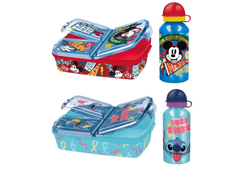 Twee lunchbox- en waterfles-sets, één rood met Mickey Mouse, één blauw met Stitch.