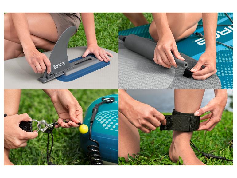 Hydro-Force SUP board voorbereiding: vin, peddel en leash.
