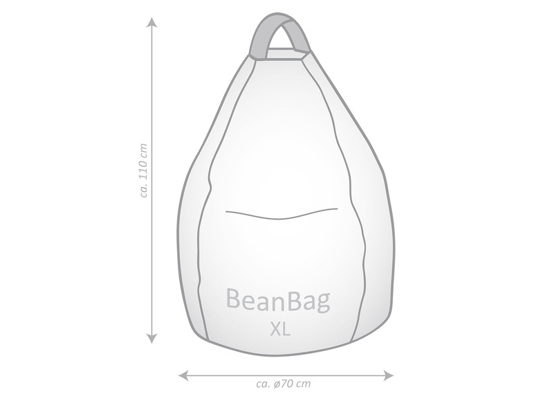 Een grote, grijze BeanBag XL met afmetingen.