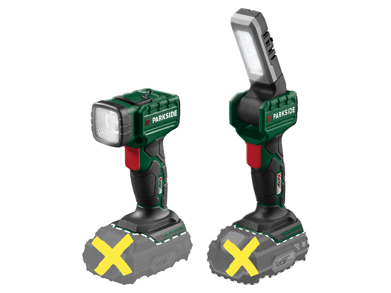 Twee Parkside X20V Team werklampen met verschillende lampkoppen.