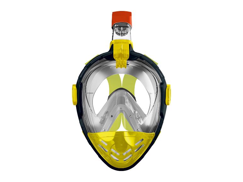 Gele en zwarte snorkelmasker met geïntegreerde snorkel voor oppervlakteduiken.