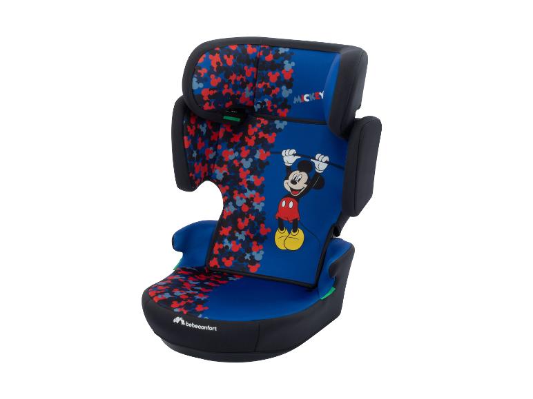 Blauwe autostoel met Mickey Mouse-hoofdpatroon en de tekst 'Mickey'
