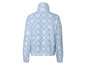 Een blauwe fleece trui met witte sneeuwvlokkenprint.