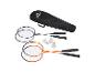 Crivit badmintonset met twee grijze rackets, twee oranje rackets, shuttles en draagtas.